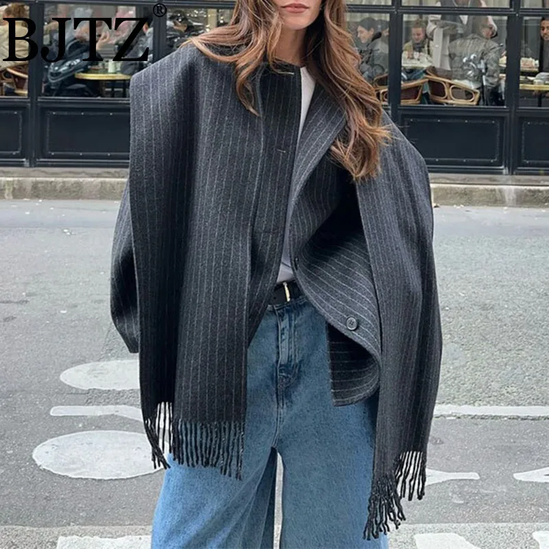 

BJTZ Chic Scarf Collar Stripes Lady Fashion Jacket Women's Elegant Long Sleeve Single Breasted Coat 2025 New Commuter Outerwear