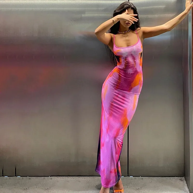 Women Summer Sleeveless Print Spaghetti Strap Dress Backless Floor-Length Sexy Slim Tank Dresses New Fashion Camisole Vestidos