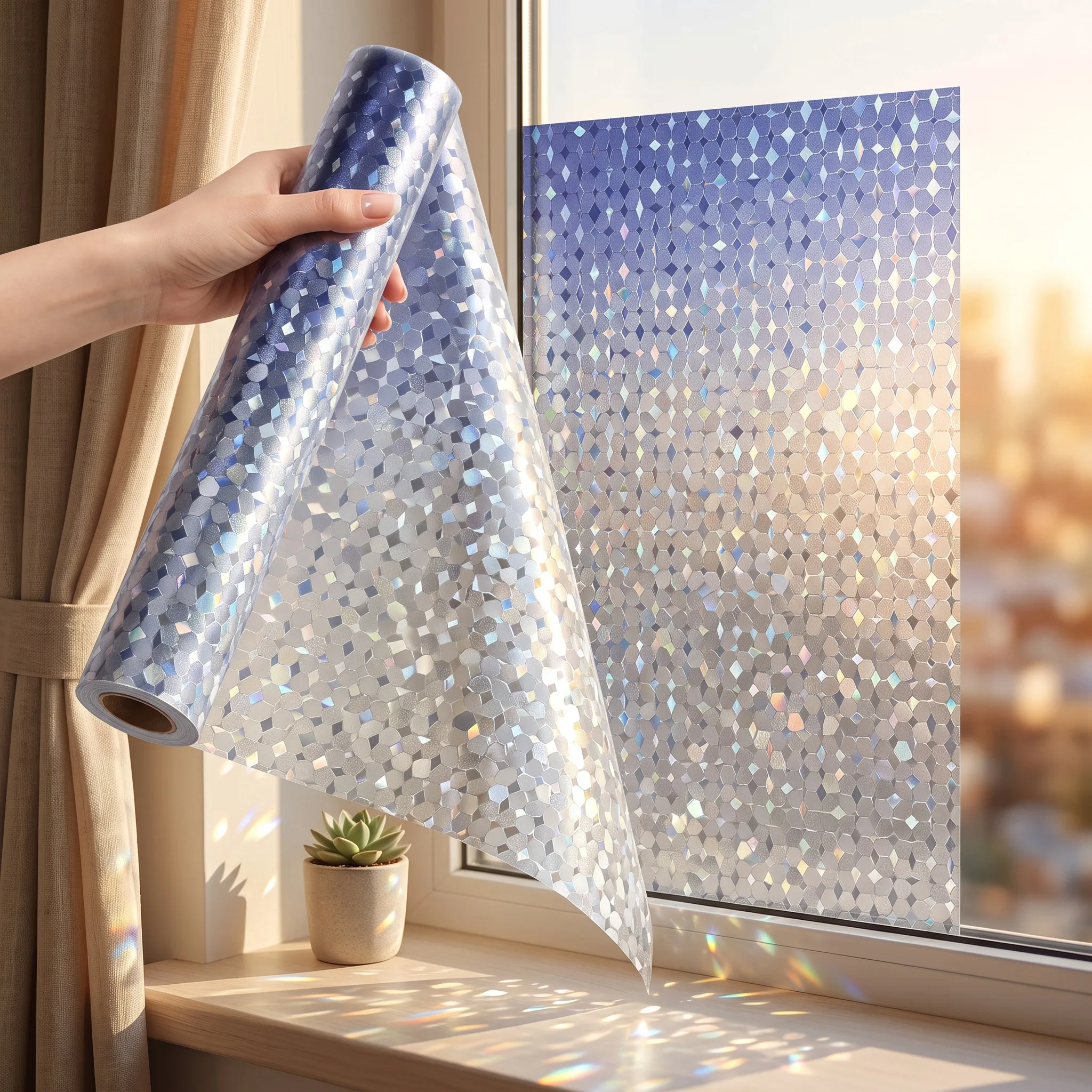 Static Cling 3D Rainbow Holographic Hexagon Window Privacy Film, No Glue Removable Modern Luxury Decor for Bathroom Bedroom Home