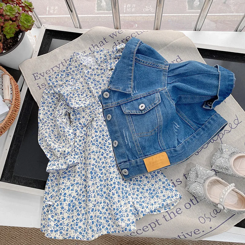 

Girls' Outfit Children's Label Denim Jacket Blue and White Porcelain Long Sleeve Dress Baby Two-Piece Set Trendy