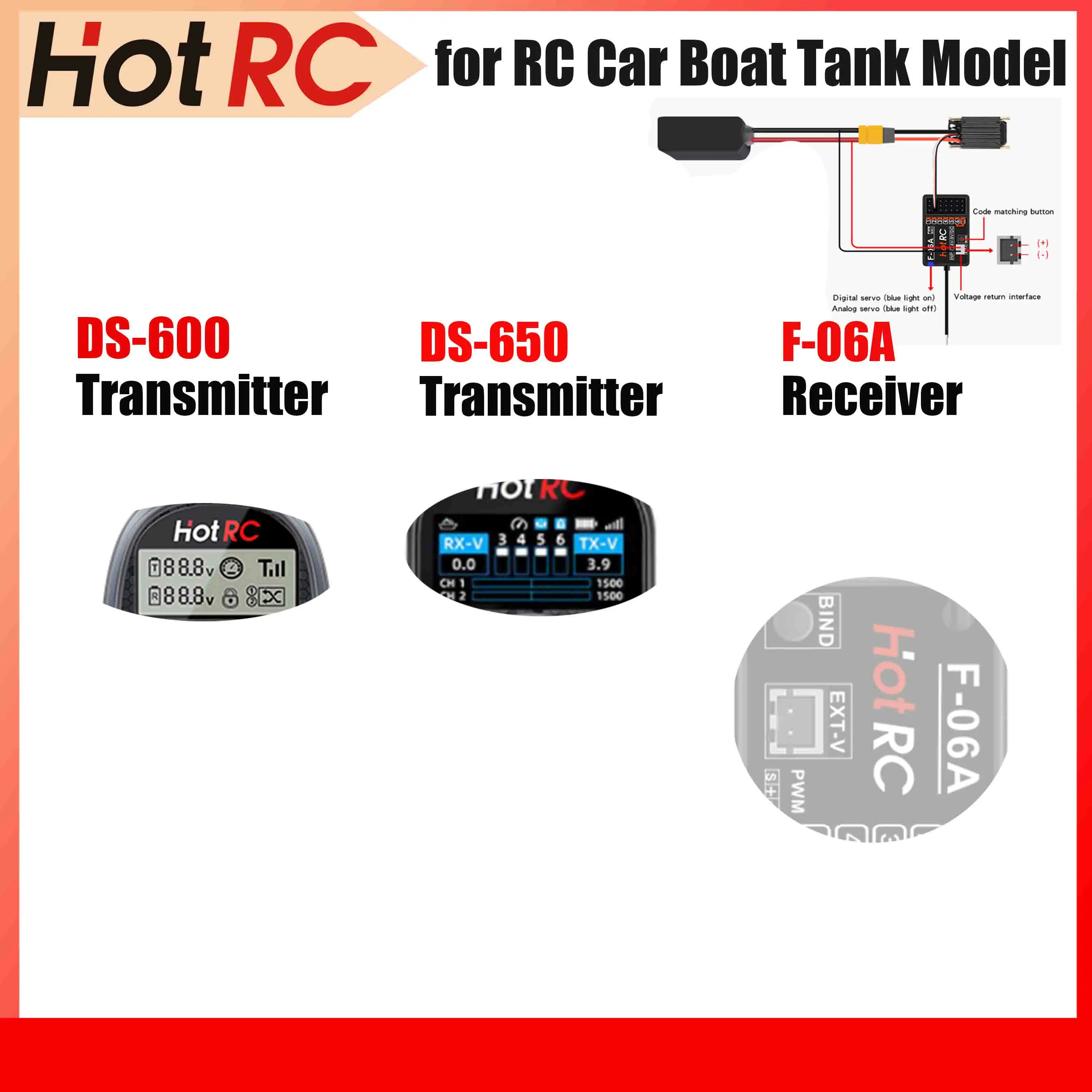 HOTRC DS-600 DS-650 6CH 2.4G Transmitter Remote Controller W/ F-06A PWM Receiver Without Gyro for RC Car Boat Tank Model Part