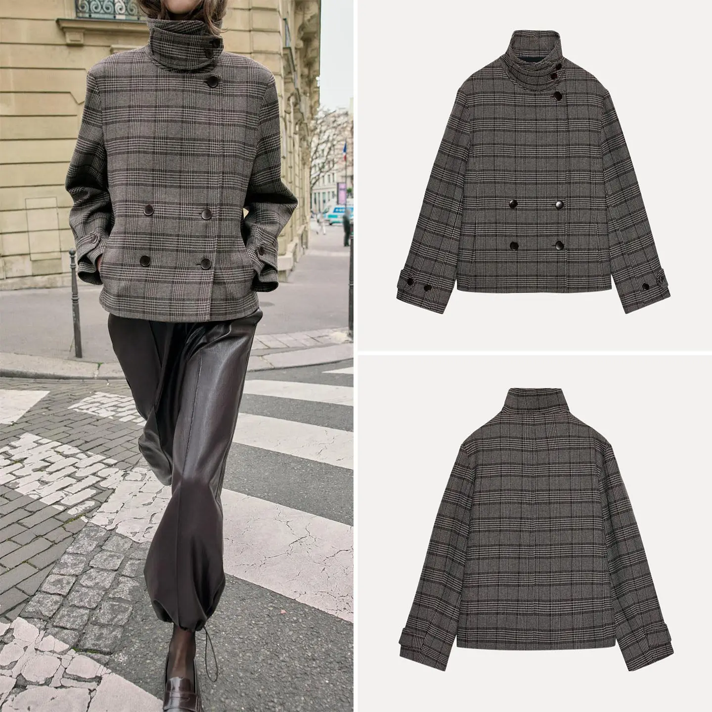 

Зимнее женское пальто 2025: простое, с длинным рукавом, воротником-стойкой, в клетку, на двух пуговицах, свободного кроя, для повседневной носки