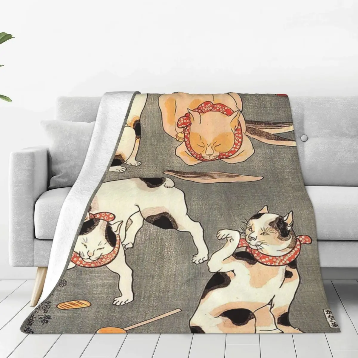 Japanese Tattoo Flash Woodblock Print Cats Blankets Flannel Sofa Throw Blankets For Home Bedroom Outdoor Throws Bedspread Quilt