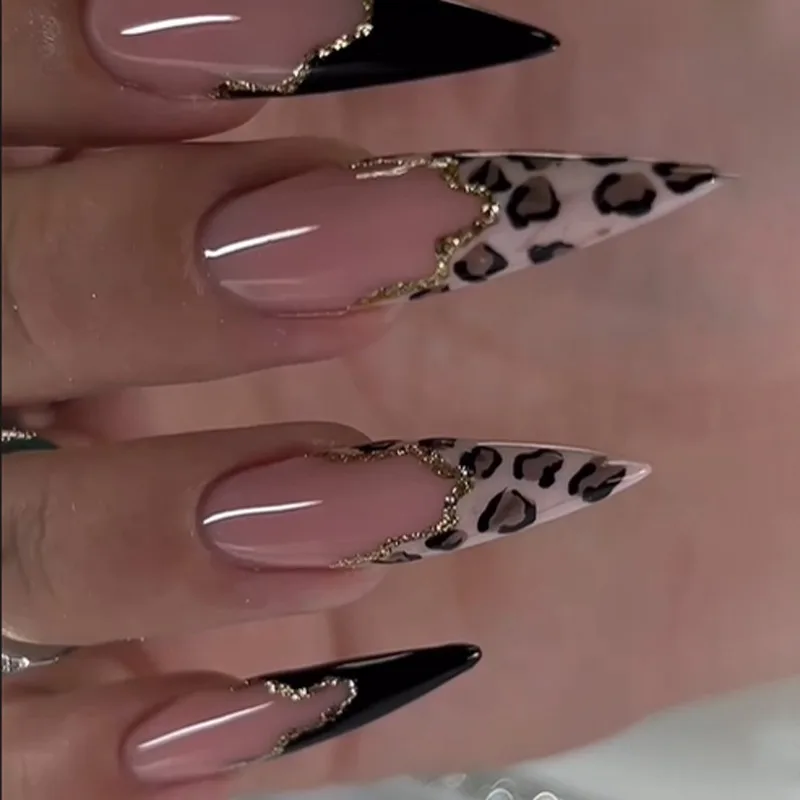 24 Stück lange Stilleto-Kunstnägel zum Aufdrücken, Leopardenmuster-Design, künstliche Nägel mit goldener Folie, tragbar, französische Vollabdeckungs-Nagelkunstspitze – Detail 1