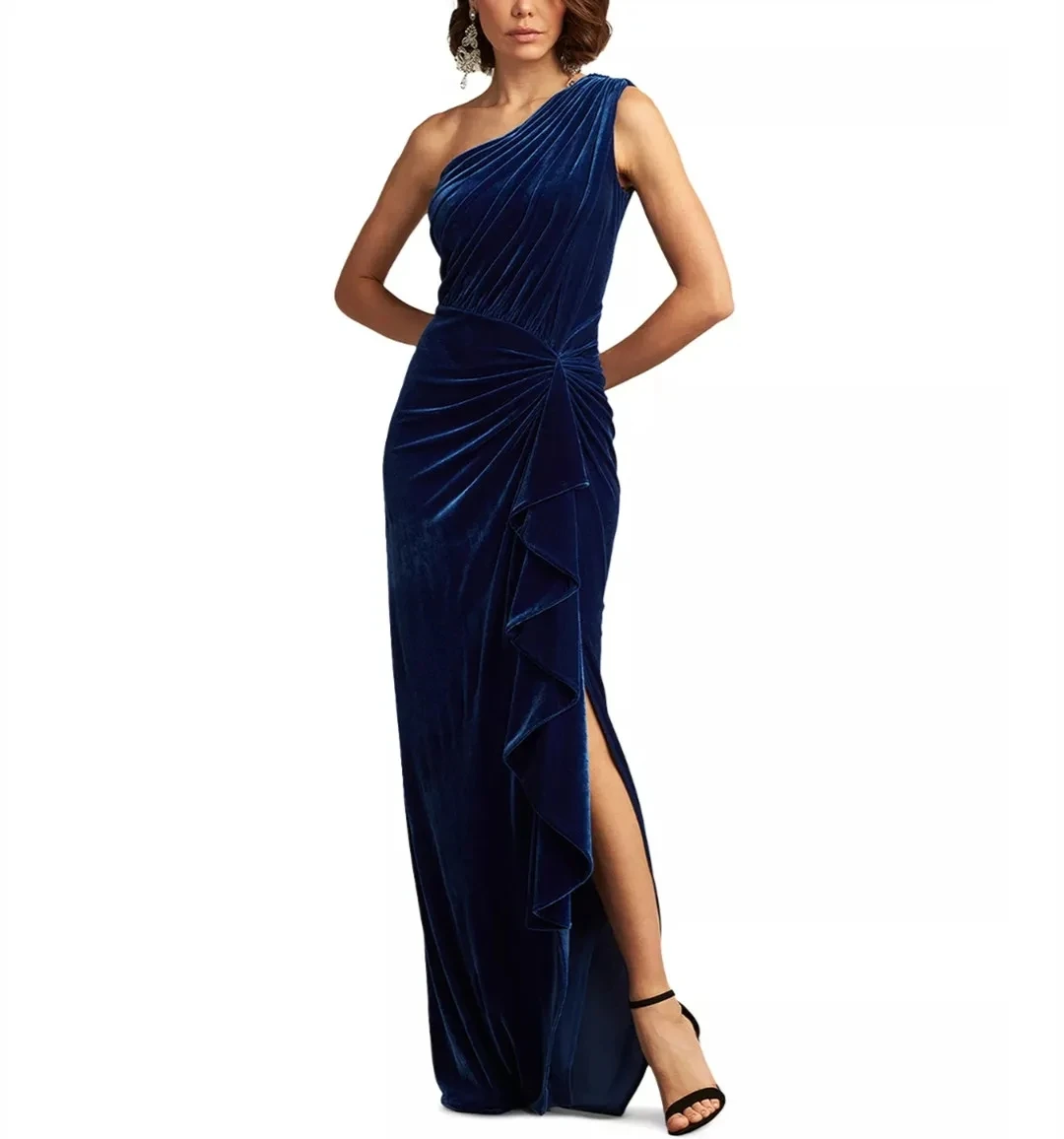 Elegant V-Neck Evening Dresses With Slit Mermaid Long Blue Velvet Floor Length Prom Dress Robes de Soirée for Women