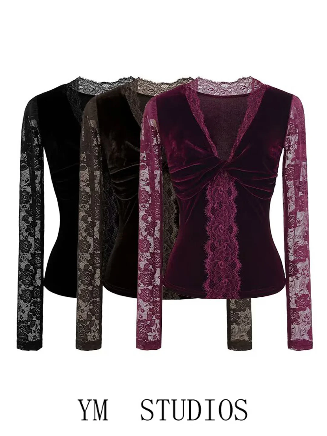 

Retro Style Lace Splice V-Neck Long Sleeve Velvet T-Shirt Women's Slimming Sexy Base Shirt Fashionable Casual Comfortable
