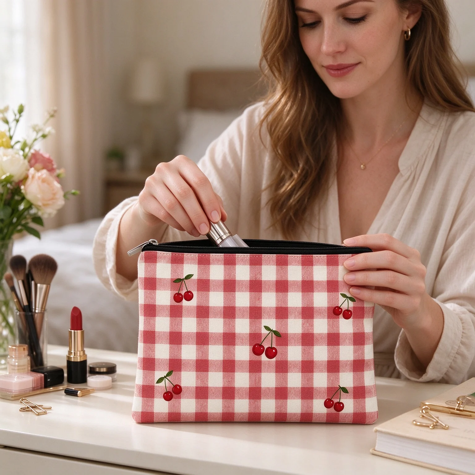 Cute Red Gingham Cherry Print Canvas Cosmetic Bag Plaid Fruit Makeup Pouch Women Daily Travel Toiletry Storage Organizer Bag