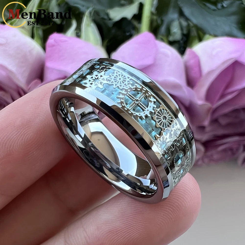 Unique 8mm Tungsten Carbide Rings Wedding Band Gear Wheel Blue Carbon Fiber Inlay Fashion Jewelry Comfort Fit