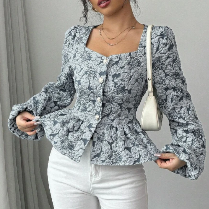 

Bubble Sleeve Shirt Retro Square Collar Floral Shirt 2025 Spring Fashion Commuter Coat Women