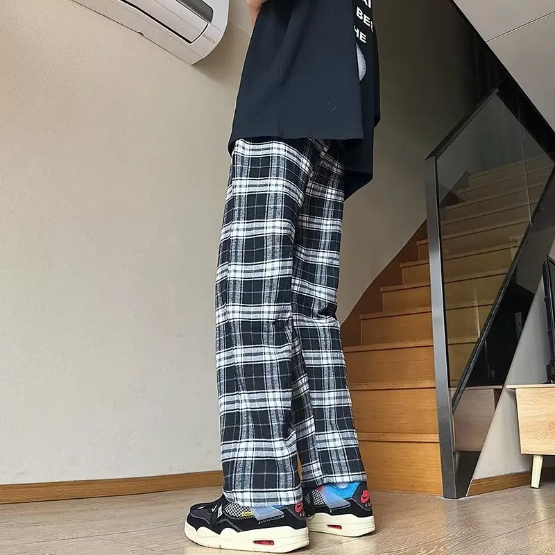 Plaid Pants for Men All-match Chic Summer Korean Style Harajuku Baggy Hipster Advanced Youthful Popular Trousers College Casual