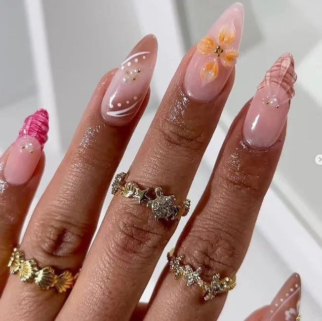 

24PCS Almond Press on Nails Nude Pink 3D Flower Seashell Starfish Rhinestone Decor Ocean Beach Style Glossy Reusable False Nails