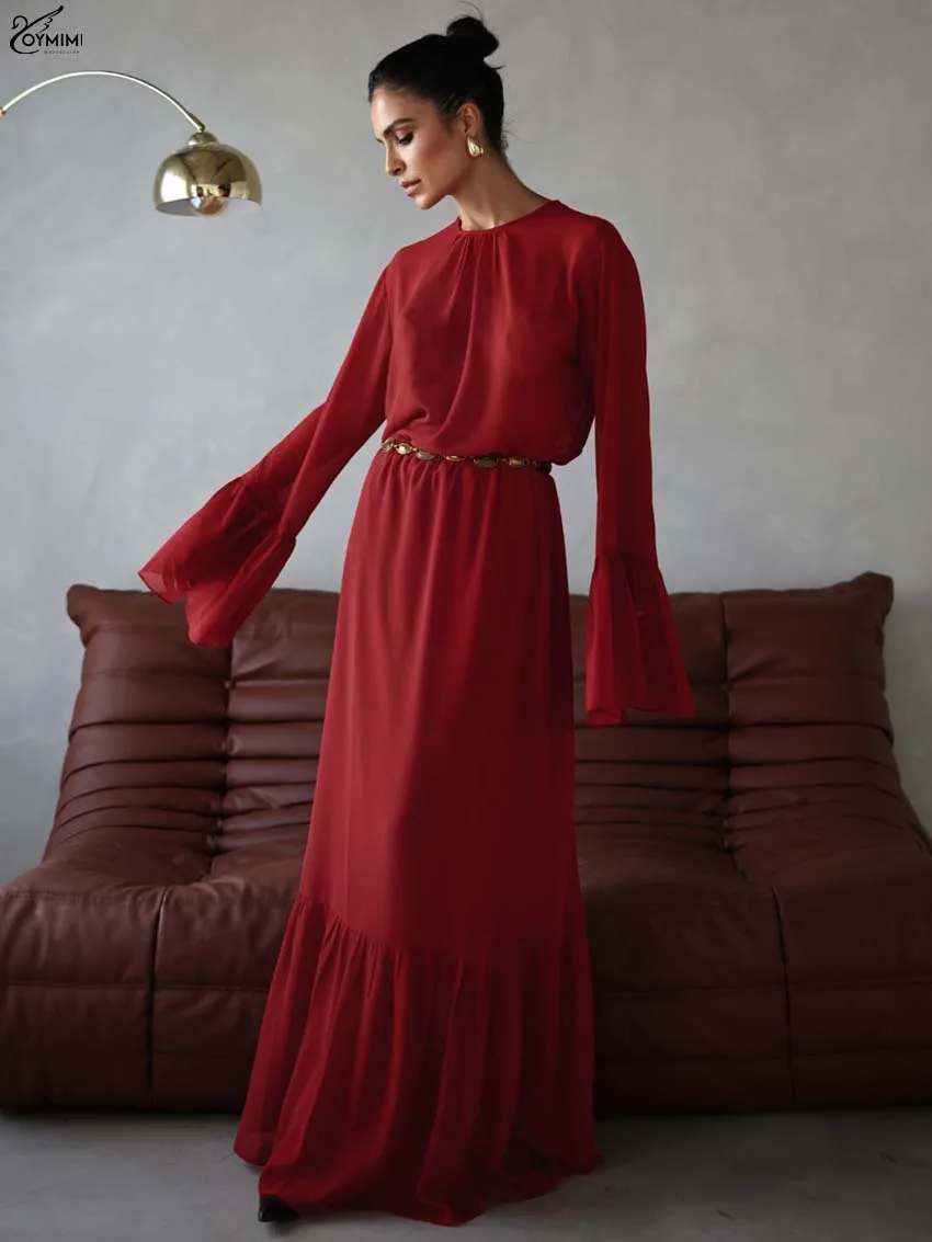 

Oymimi Elegant Red Two Piece Set Woman Fashion O-Neck Long Sleeve Ruffled Blouses And High Waisted Loose Floor-Length Skirts Set