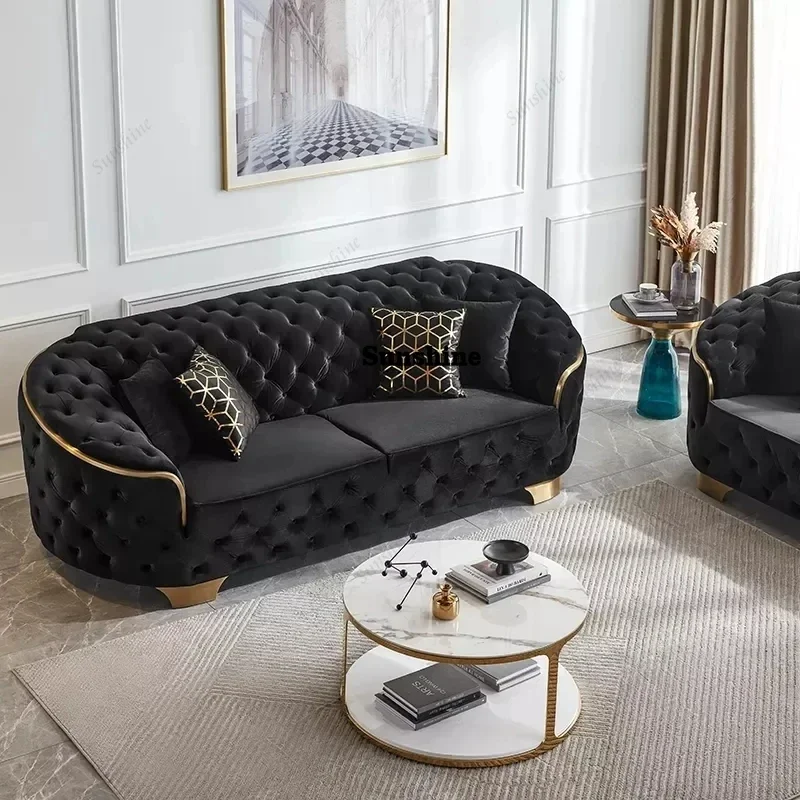 Luxury Gold Stainless Steel and Velvet Soft Sofa for Hotel Office Villa Warehouse or Export Use SofaYY