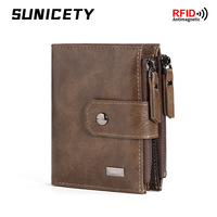 Anti-TheftCross-Border Business Leather Slim Short Wallet for Men Vintage High-End Zipper Money Clip Wholesale