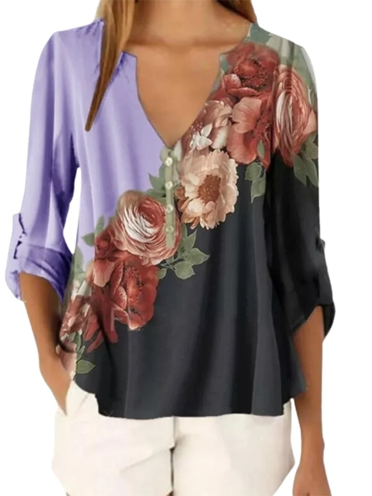 Camiseta solta estampada floral feminina, pulôver com decote em v, tops de manga 3/4, frente 3/4, roupas casuais, moda, verão, XS-5XL, 2023