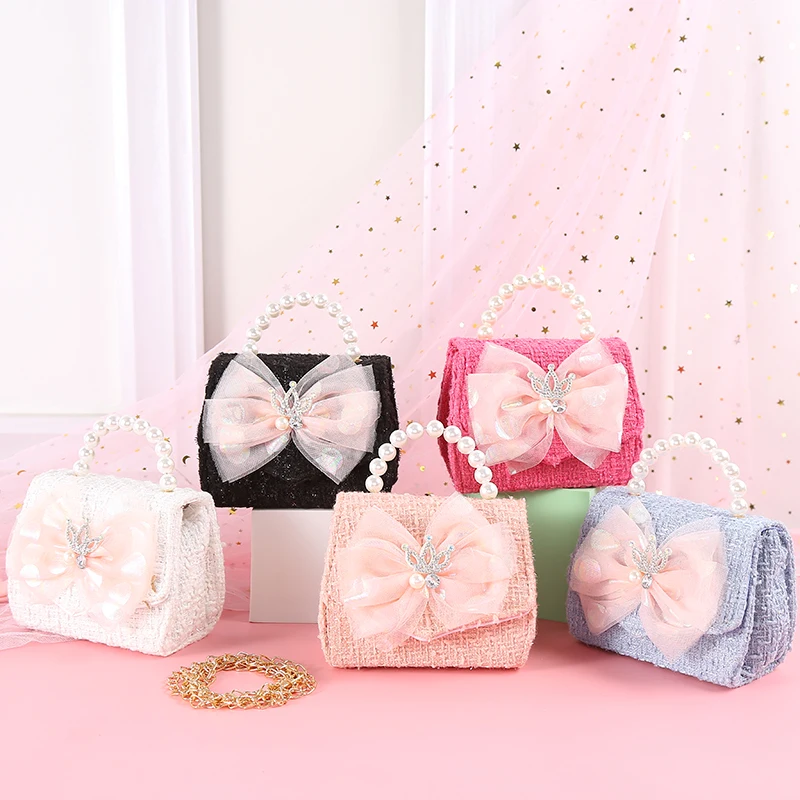 Pink Princess Crown Colorful Bow Children\'s Bag Fashion Hand-held Pearl Diagonal Girl Cross Body Shoulder Messenger Bags Purse