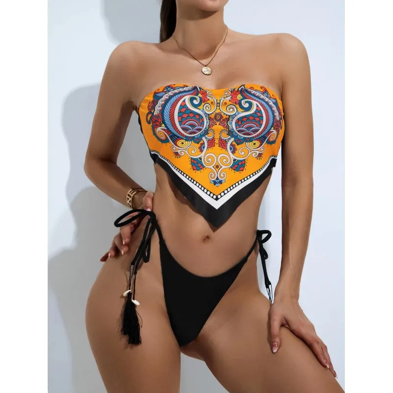 Sexy Heart-shaped Bellyband Swimsuit Women Triangle Thong Bikini Orange Backless Split Swimwear Ethnic Retro Bikini Beachwear