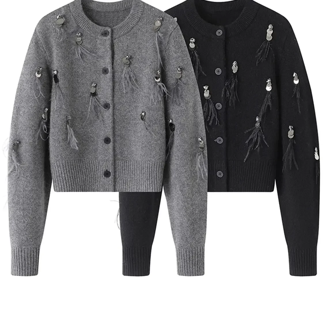 

Винтажные топы с длинными рукавами и блестками, перьями и кисточками, женское осенне-зимнее пальто, высококачественный вязаный свитер, черный, серый вязаный кардиган