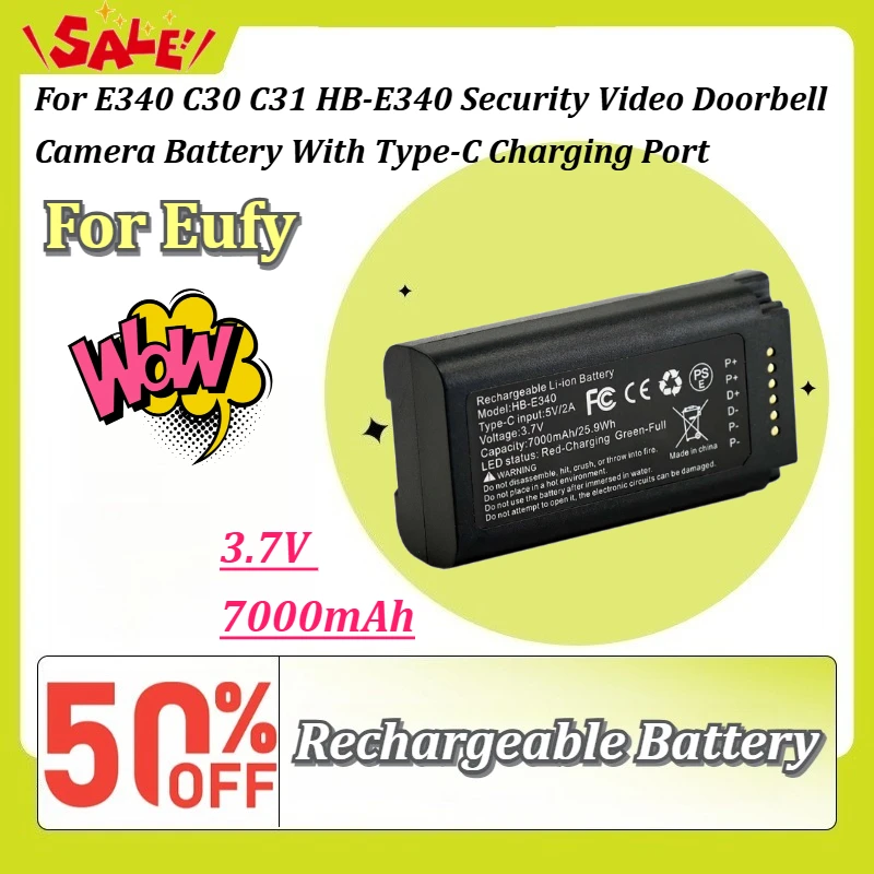 Для Eufy E340 C30 C31 HB-E340 3.7В 7000мАч 25.9Втч перезаряжаемая литий-ионная батарея с разъемом Type-C для камеры видеодомофона.