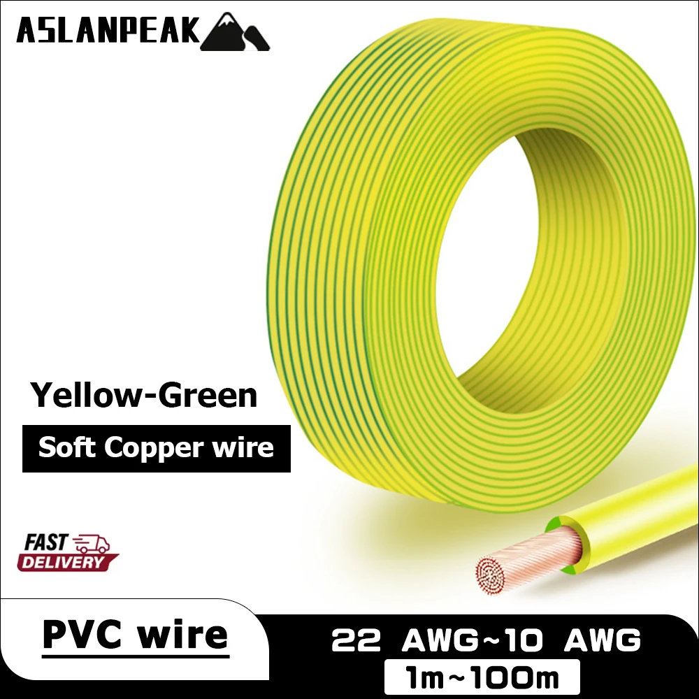 

RV-Yellow-Green 22-10AWG 1-100m PVC Copper wire Electrical wires Ground wire electric extension cord 10 12 14 16 18 19 20 22 awg