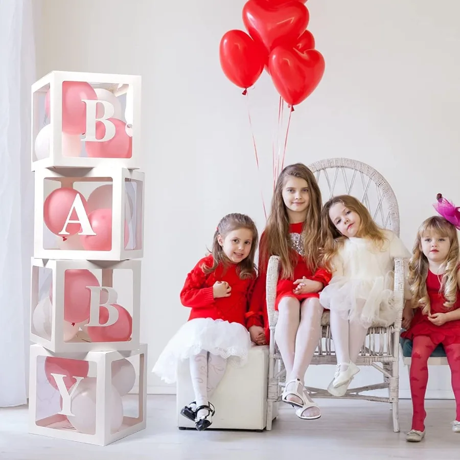 Baby Boxes with Lette for Baby Shower Gender Reveal Decorations with 4 Transparent Balloon Boxes for Gender Reveal Baby Shower