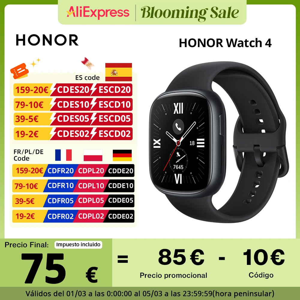 Global Version HONOR Watch 4 Smart Watch 5ATM Blood Oxygen Monitor BT5.2 GPS Bluetooth 5.2 Up to 14 Days Long Battery