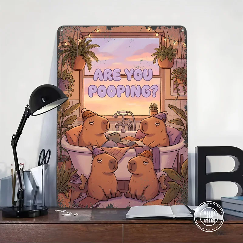 Are You Pooping? Funny Capybaras in a Bathtub 3D Printed Texture Poster Personalized Wall Art Retro Metal Tin Signs for Man Cave