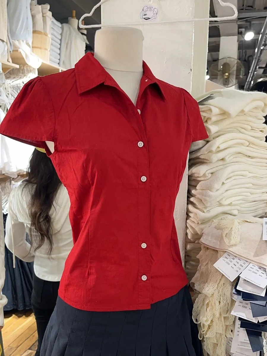 Red Basic Slim T-Shirt Blouse Woman Summer Turn Down Collar Single Breasted Cotton Tee Top Fashion Streetwear Short Sleeve Shirt