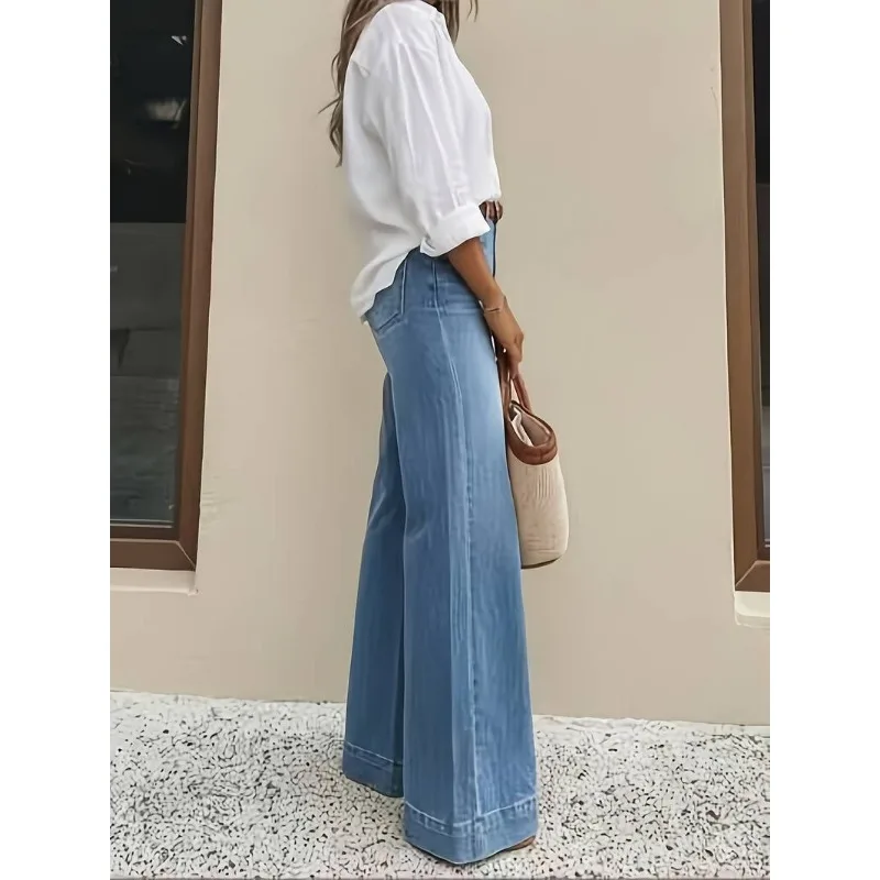 Blue Street Style High Waist Wide Leg Jeans Women's Loose Casual Elastic Denim Pants Comfortable Female Washed Look 2026