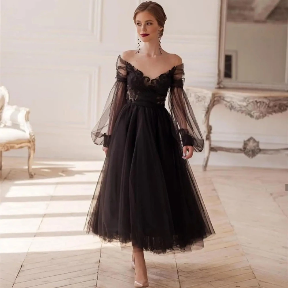 Elegant Prom Dress For Women V-Neck A Line Tulle Evening Gown Off The Shoulder Long Sleeve Party Dresses فساتين الحفلات