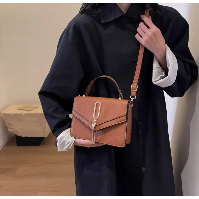 

Solid Color Shoulder Bag Simple Western Style Tassel Texture Casual Fashion Shoulder Bag Portable Slung Small Square Handbag