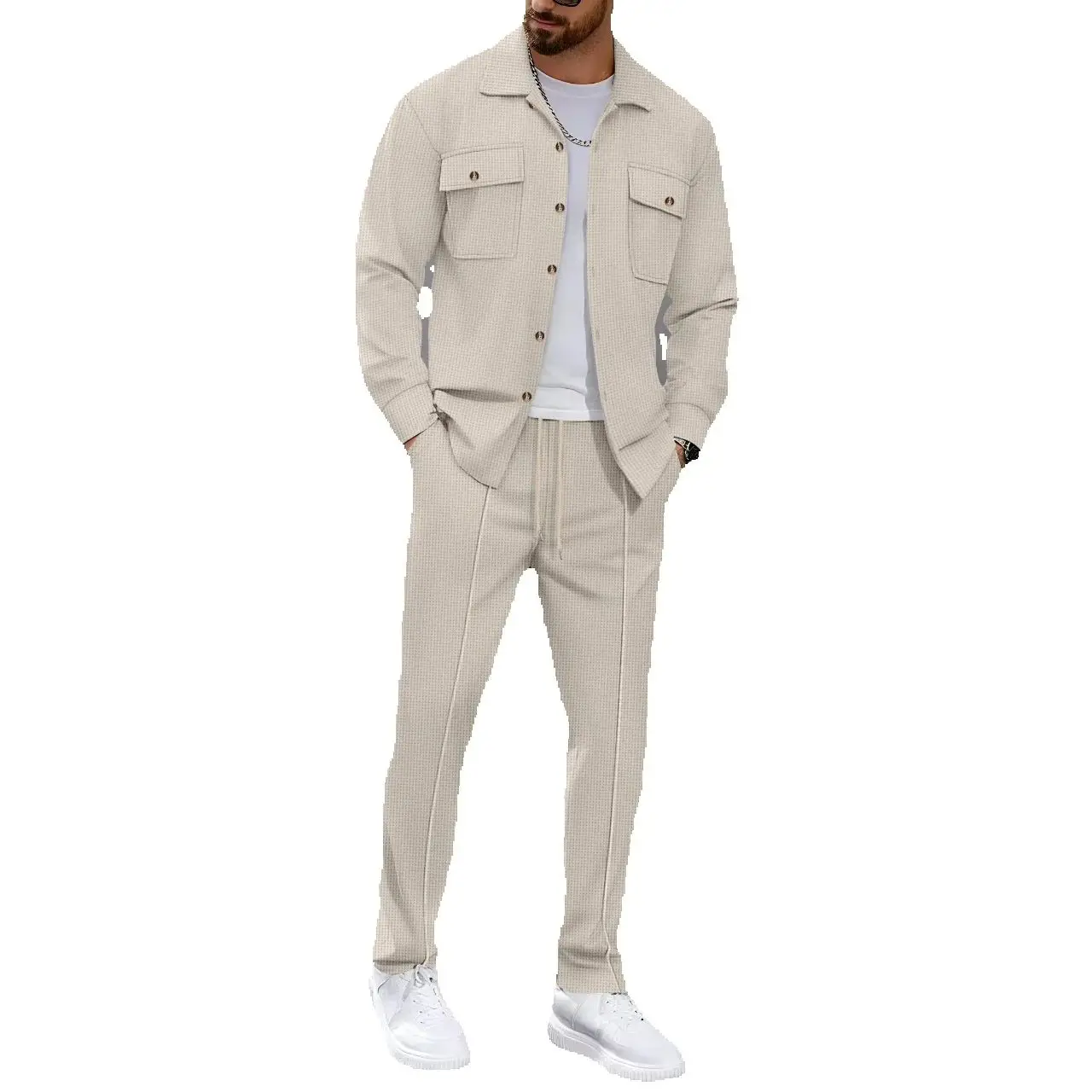 Nieuwe herenbroek met effen wafel en lange mouwen, hoge kwaliteit, modieus, comfortabel met dubbele zakken, vest in workwearstyle - afbeelding 2