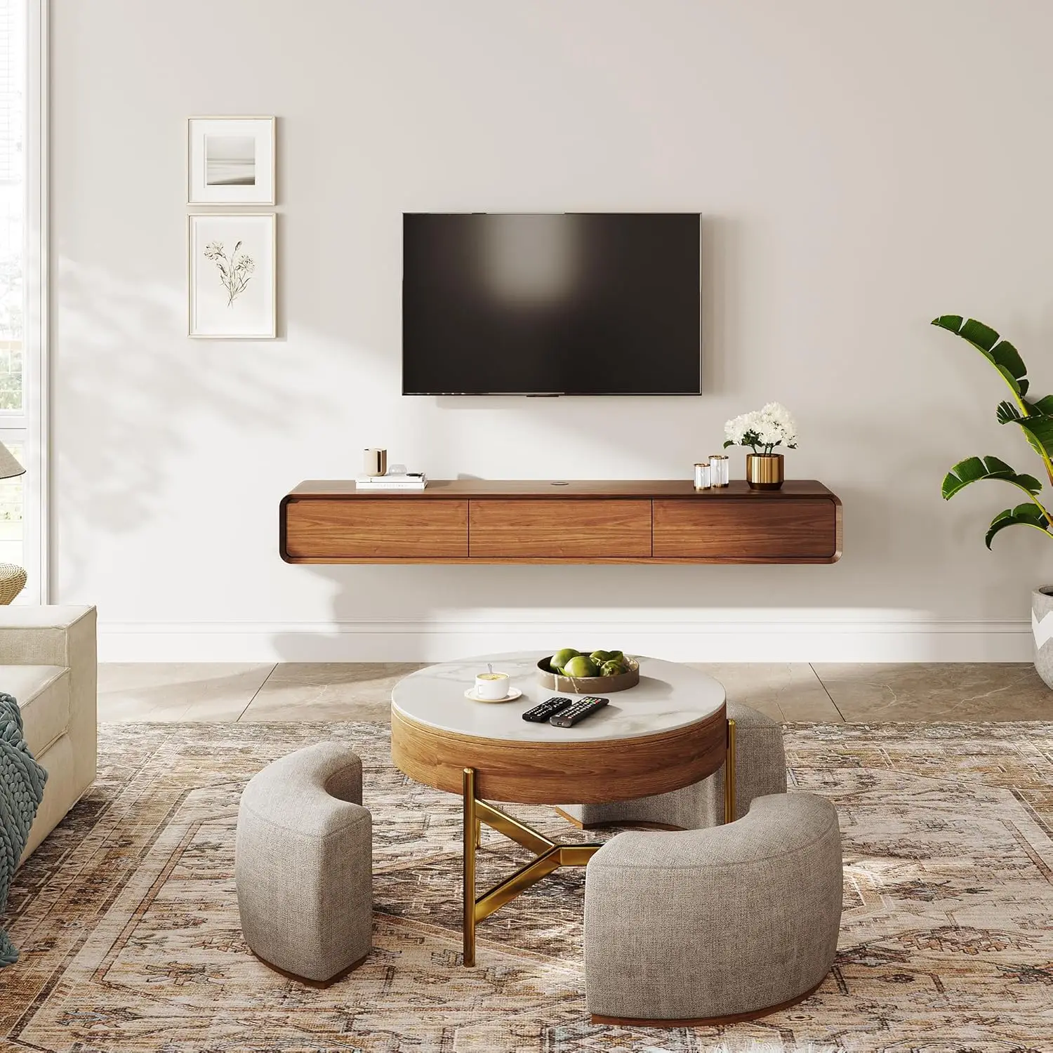 Minimalist Floating TV Stand Modern Wall-Mounted Entertainment Center with 3 Drawers Solid Wood Fully-Assembled