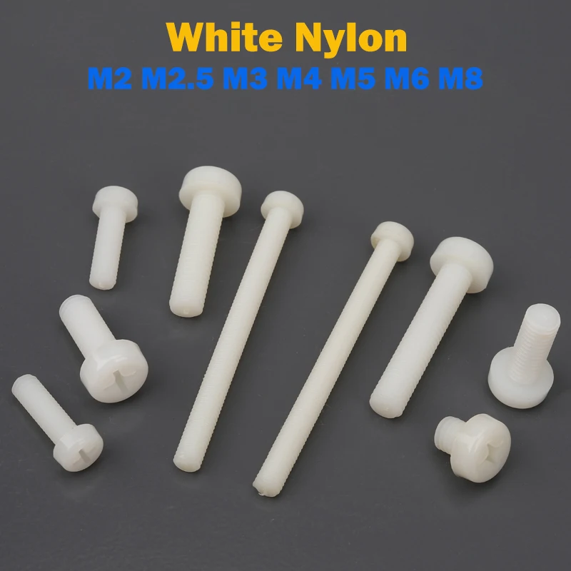 10~50PCS  M2 M2.5 M3 M4 M5 M6 M8 Cross Head Bolts White Nylon Plastic Phillips Pan Round Screw Length 4-50mm