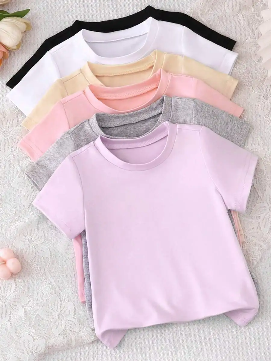 

6-Pack Solid Color Baby Toddler Girls' Soft Knit Round Neck Short Sleeve T-Shirts, Loose Fit for Spring Summer