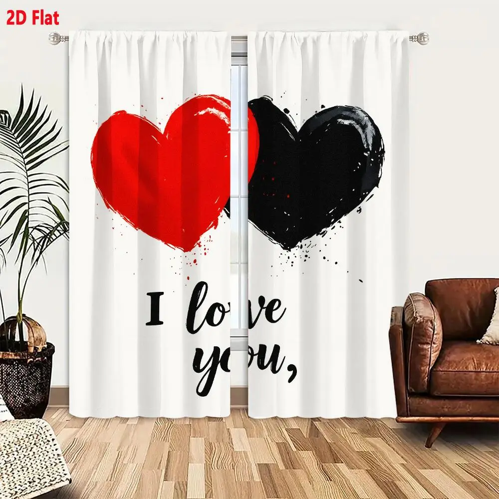 2Pcs Curtains 2D Flat Heart Shapes Brushstroke Style I Love You Cursive Script Window Drapes for Bedroom Room Decor Decoration W