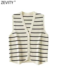 Zevity New Women Fashion V Neck Sleeveless Striped Pattern Knitted Vest Sweater Female Chic Single Breasted Cardigan Tops SW4789