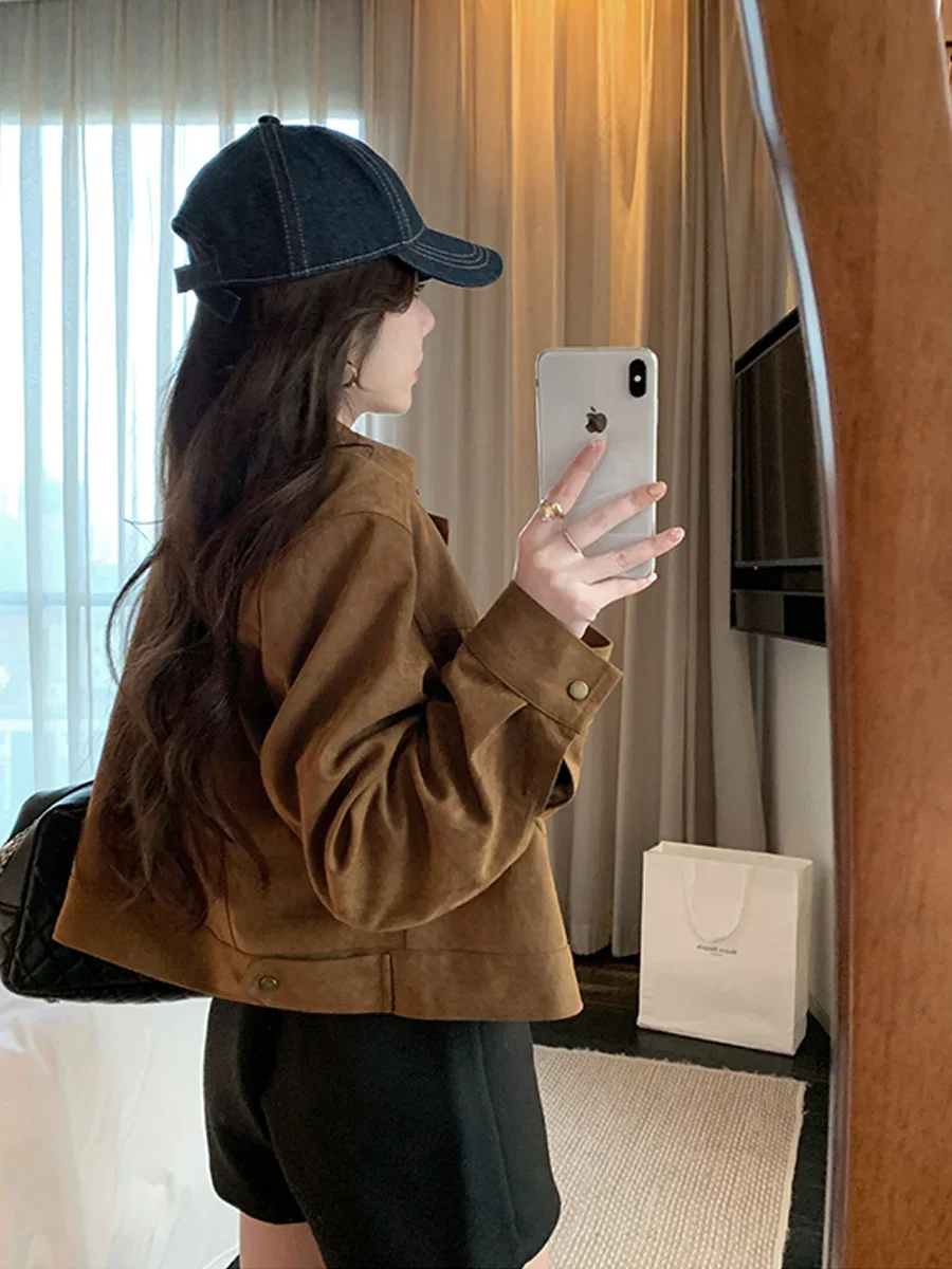 معطف نسائي جديد لربيع وخريف 2025 مصنوع من جلد الغزال عالي الإحساس مقاس صغير #1