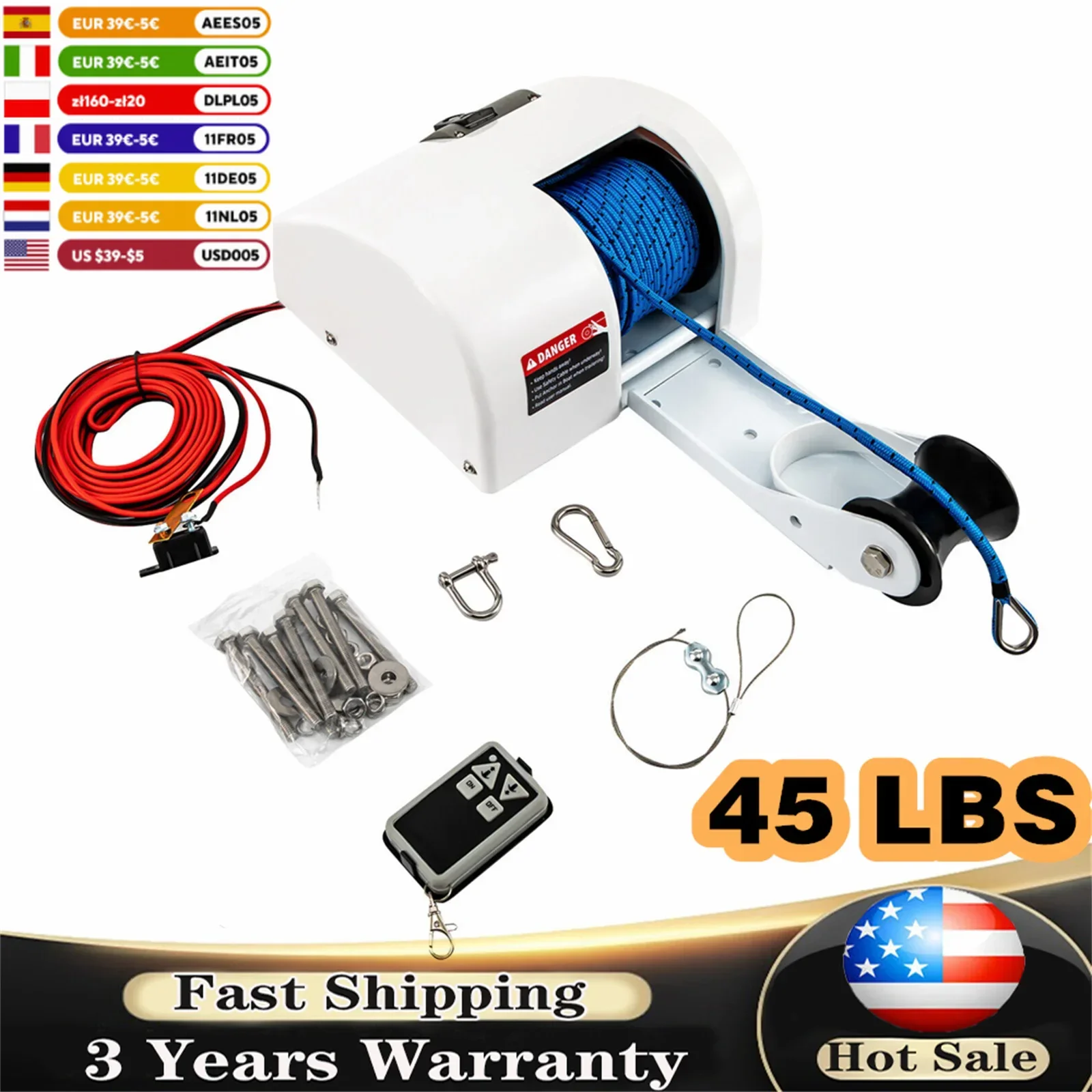 45 LBS Saltwater Boat Electric Windlass Anchor Winch Marine with Wireless Remote Control