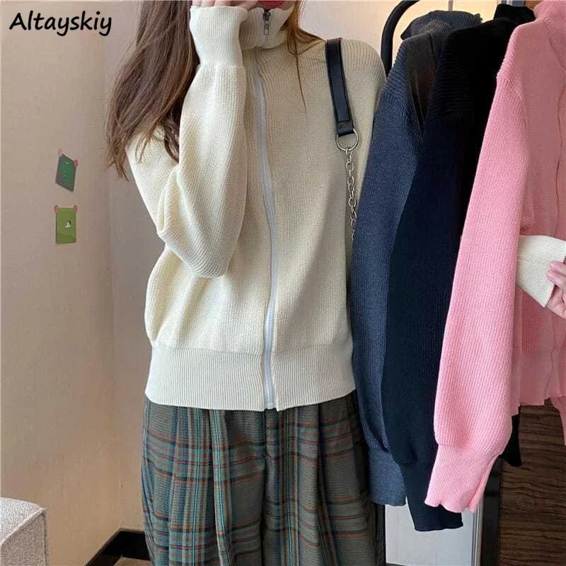 

Облегающие вязаные куртки женские универсальные базовые теплые с воротником-стойкой модные однотонные трикотажные пальто с длинными рукавами простая верхняя одежда