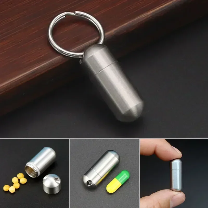 Portable waterproof pill holder, metal capsule box keychain, mini stainless steel, brass pill case, storage