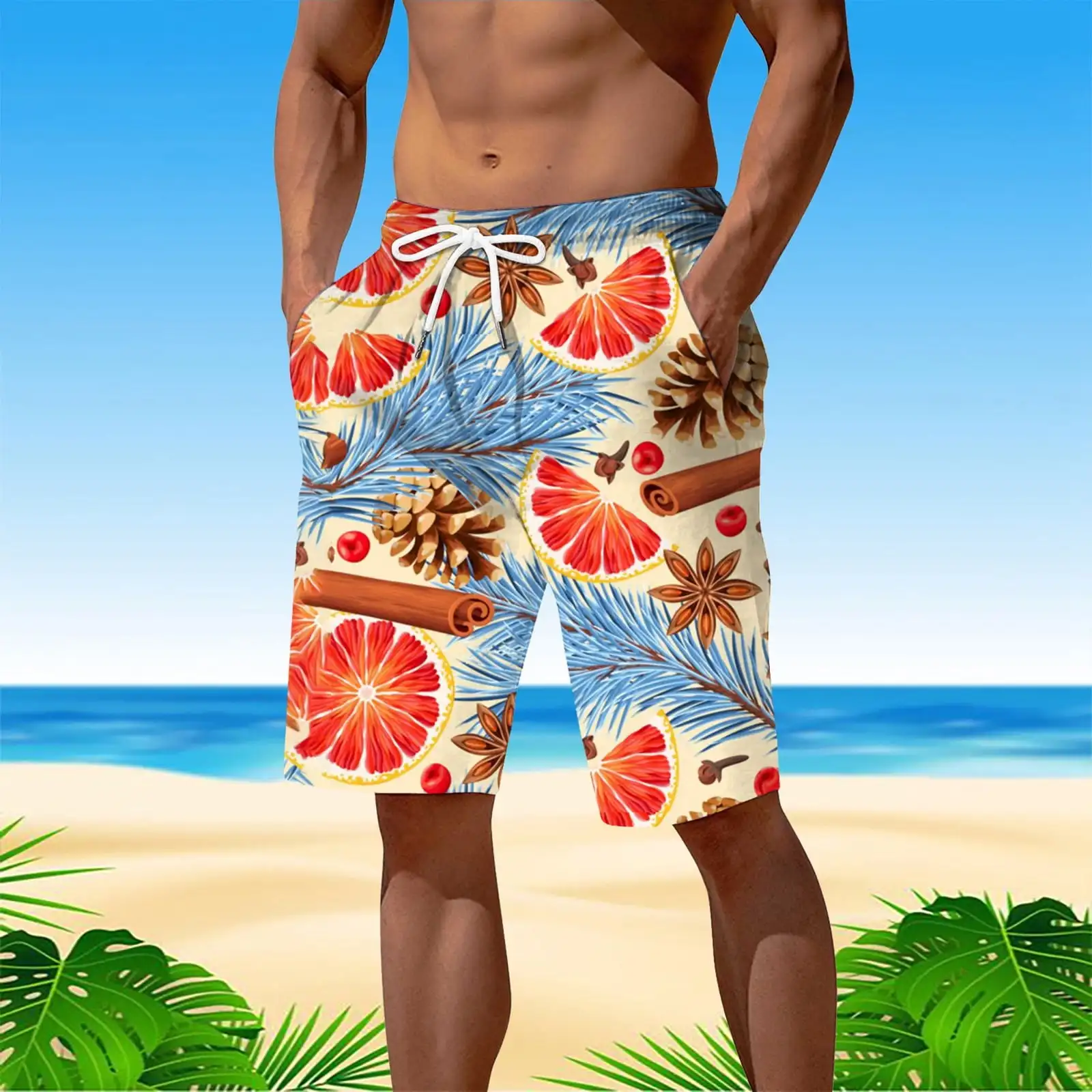 

2024 мужские быстросохнущие Гавайские грейпфрутовые сосновые конусы с принтом сосновые листья модные пляжные Шорты повседневные модные шорты