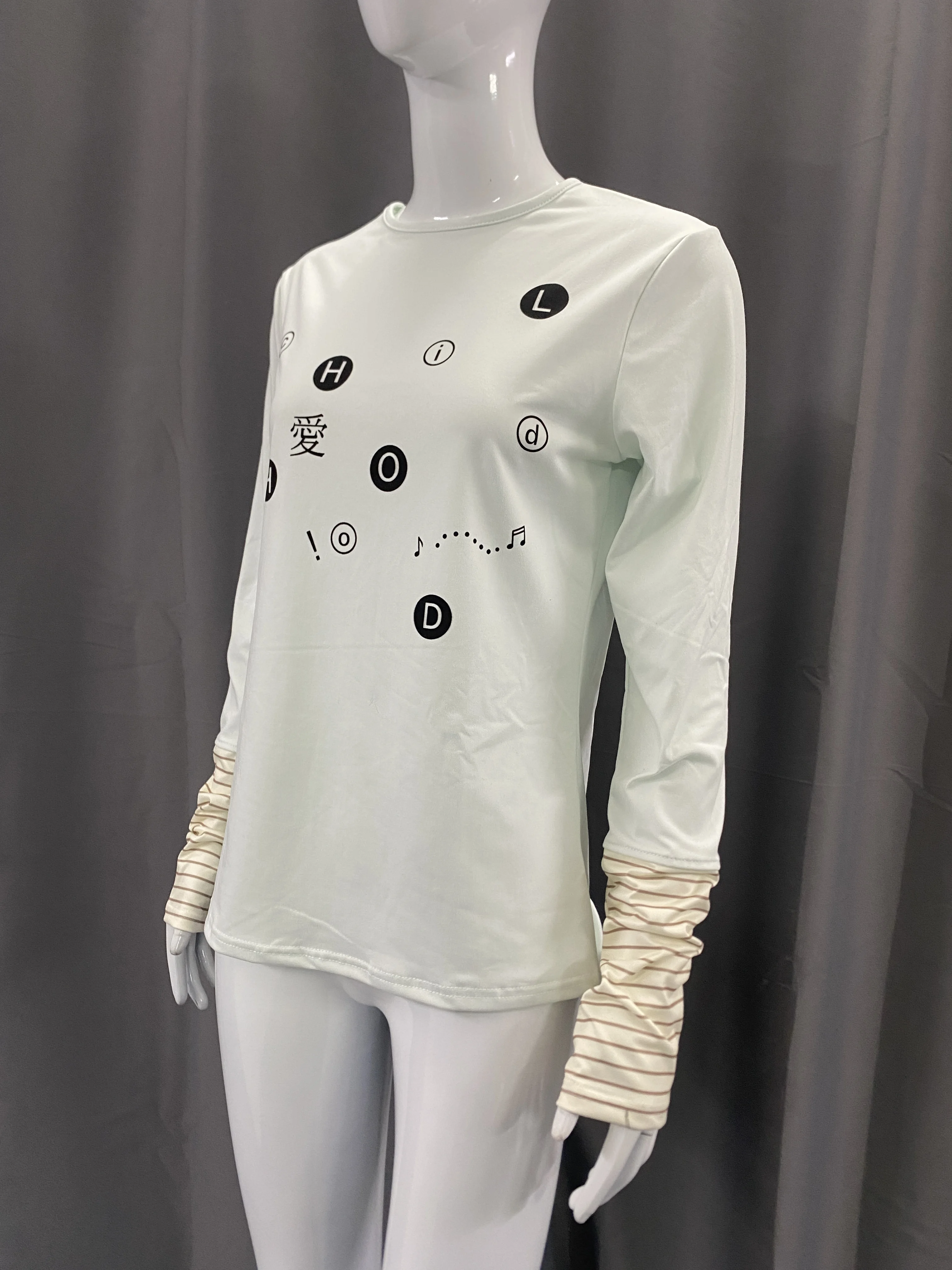 Women Fake Two Piece Crew Neck Long Sleeve T-shirt, Fun Letter Chinese Character & Musical Note Print, Striped Cuff Casual Base