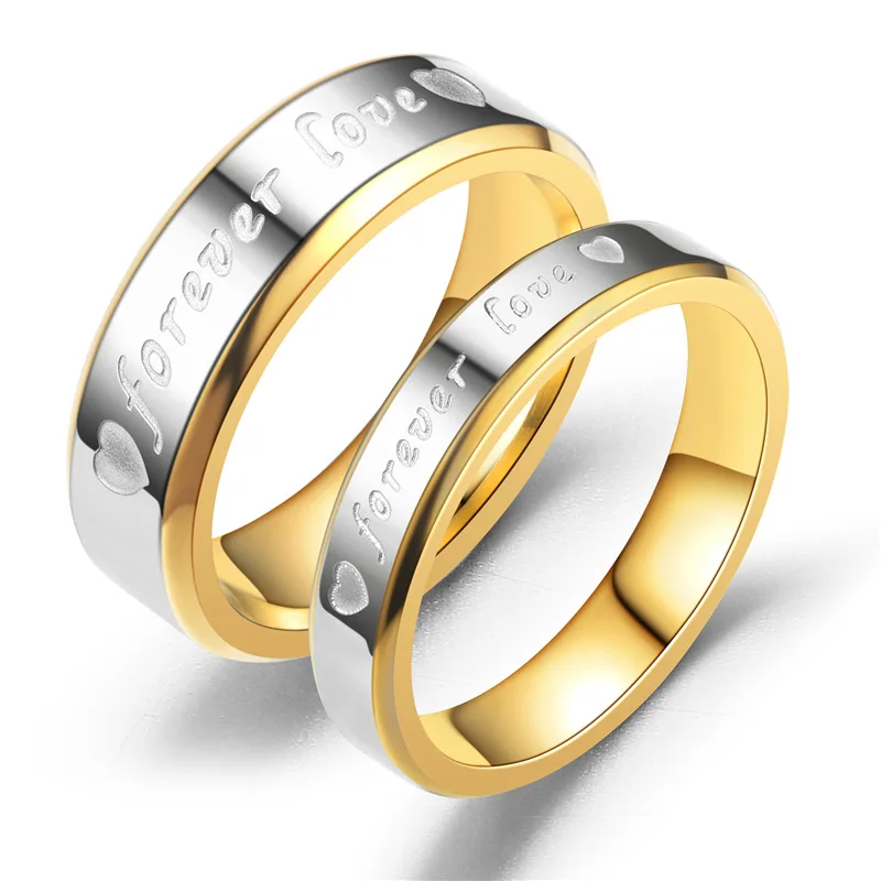 Newly Fashion Letter 'Forever LOVE' Stainless Steel Gold Tone Couple Rings Set - Engagement Ring for Women Men Sizes 6-12