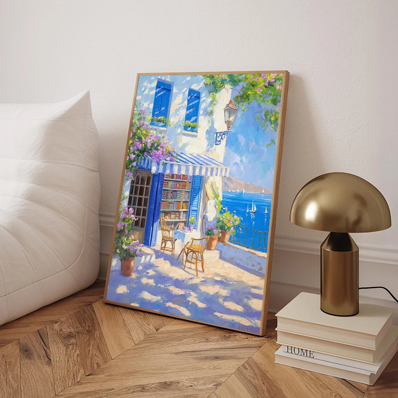 Mediterranean Santorini Greece Village Coast Lemon Tree Sea Boat Landscape Canvas Art Painting  Wall Art Picture Home Decor