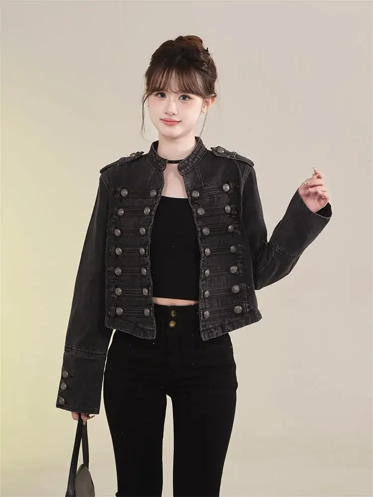 Long Sleeve Stand Collar Casual Y2k Motorcycle Coat Women's American Retro Denim Military Inspired Cropped Jacket