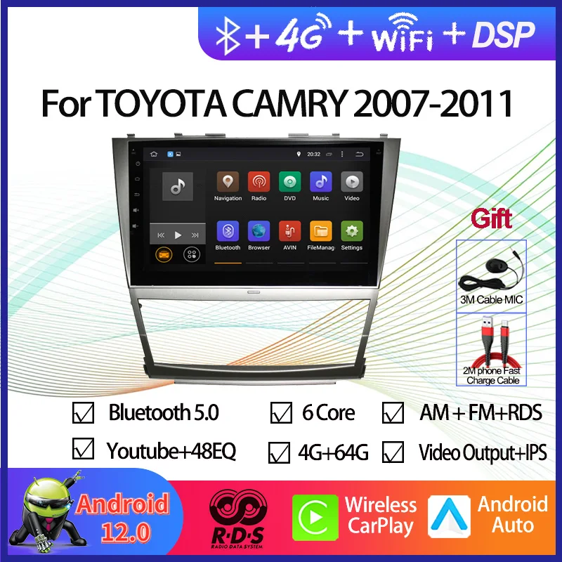 Android 12 Car GPS Navigation Multimedia DVD Player For TOYOTA CAMRY 2007-2011 Auto Radio Stereo With RDS BT Wifi Aux