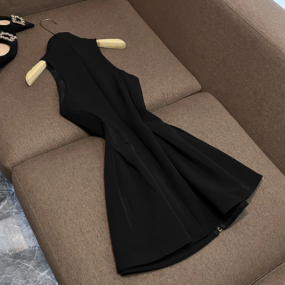TWOTWINSTYLE Design Sense Trend Solid Dresses For Women Stand Collar Sleeveless High Waist Casual Slim Dress Female KDR533427