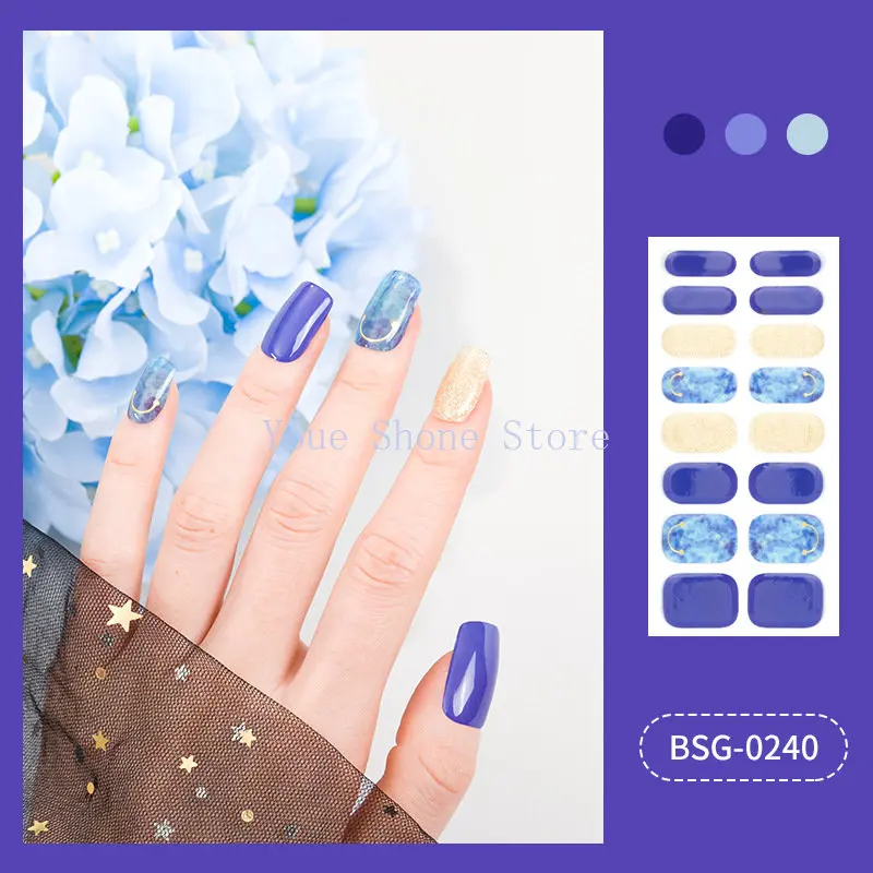 16 Strips Semi Cured Gel Nail Stickers Set for UV Lamp Full Cover Solid color Manicure DIY Women Fashion Gel Nail Patch