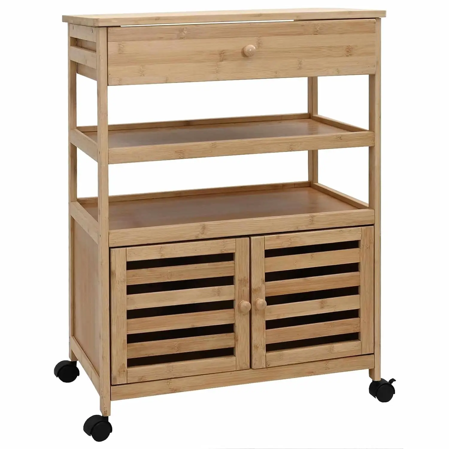 Bamboo Kitchen Trolley with Wheels & Brakes, Mobile Storage Cart with Slatted Doors, 23.43 x 14.17 x 32.28 in, Customized